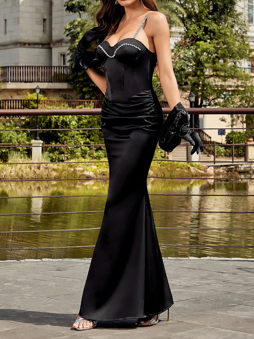 Dress Popular Strap Sexy Tube Top Diamond Chain Fishtail Dress with Gloves Dress