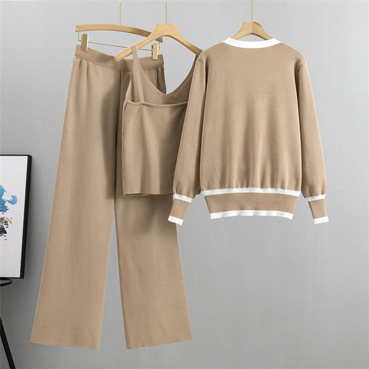 Women's Clothing Spring And Autumn New Women's Clothing Suit Trendy Knitted Cardigan Suspenders Wide Leg Pants Three Piece Suit_voghion.com