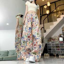 复古卡通涂鸦工装休闲裤女2025新款印花阔腿裤宽松显瘦直筒拖地裤