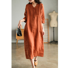 单排扣五分袖V领连衣裙女夏2025新款文艺复古休闲宽松棉麻长裙女