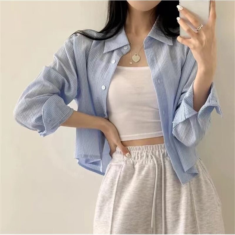 Unique design shirt, small sun protection shirt for women, Korean style, long-sleeved striped cardigan for outer wear, new blue color Unique design shirt, small sun protection shirt for women, Korean style, long-sleeved striped cardigan for outer wear, new blue color