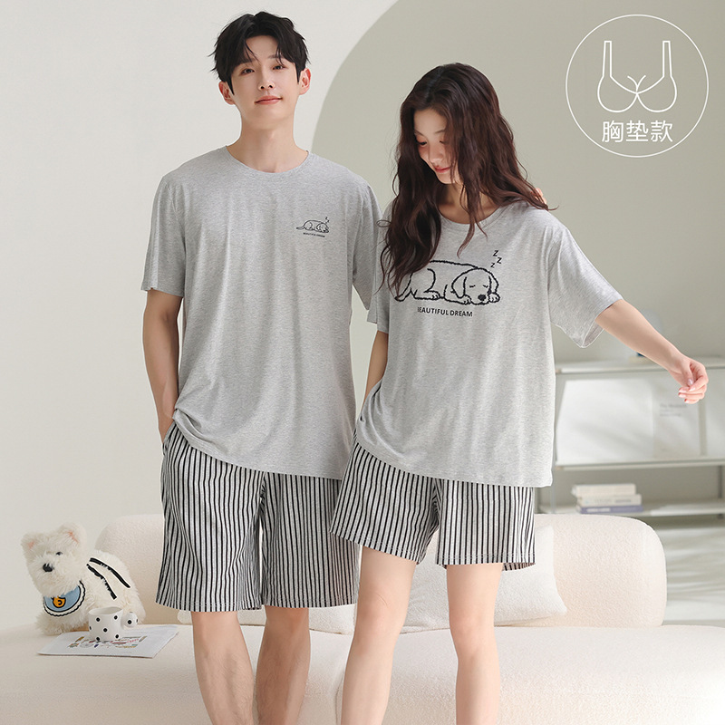 2026 New Couple's Lyocell Cotton Pajamas Summer Short-Sleeved Shorts Home Wear Large Size Simple Men's and Women's Set 2026 New Couple's Lyocell Cotton Pajamas Summer Short-Sleeved Shorts Home Wear Large Size Simple Men's and Women's Set