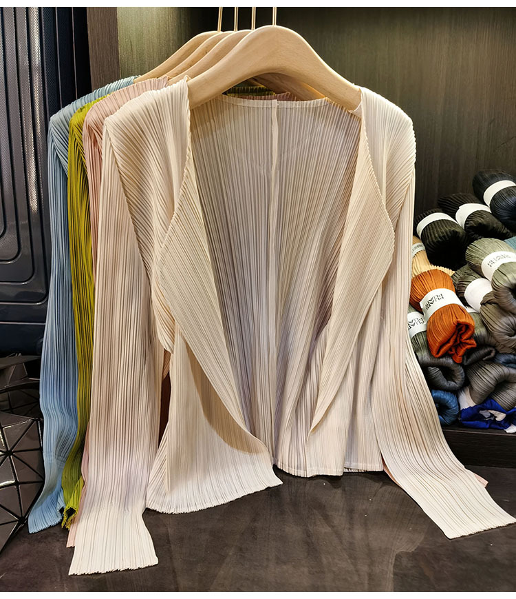 Áo cardigan nữ tay dài xếp ly không cài khuy, phong cách đơn giản cao cấp mùa xuân hè — Màu xanh lam nhạt, Màu đen, Xanh Lông Công, Màu hồng chi tiết 6