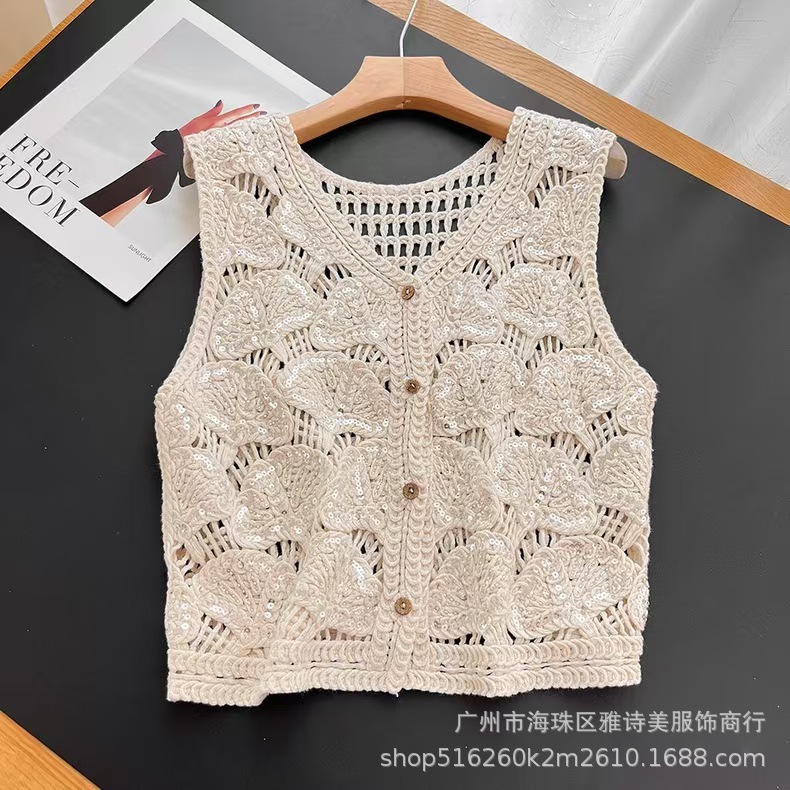 Top femenino primavera, chaleco con lentejuelas y cadenas huecas, cuello en V, estilo dulce y picante, diseño suelto