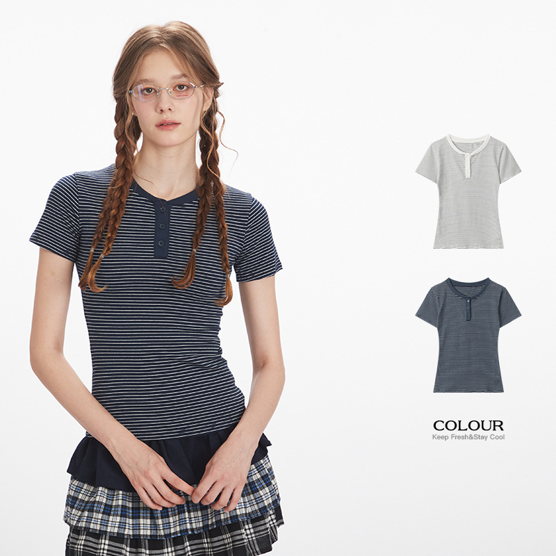 HeyHenry European and American Threaded Collar Button Striped Short-sleeved Shirt Women's Summer 25 New Henry Slim-fit All-match Top