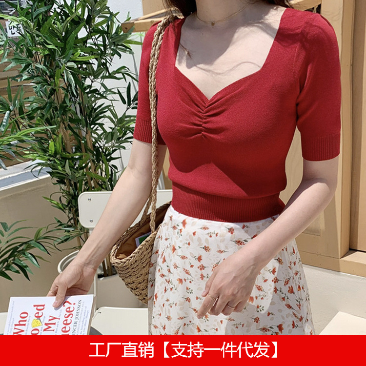 Summer Wear 2024 New Arrow V-Neck Pleated Short-Sleeved Ice Silk T-Shirt Women's Knitwear Slim Tight Bottoming Top Thin