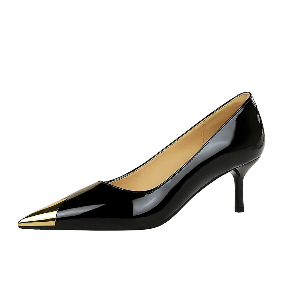 2627-A2 style fashionable banquet high heels, slim heels, shallow mouth patent leather, metal pointed toe, single order shoes for women