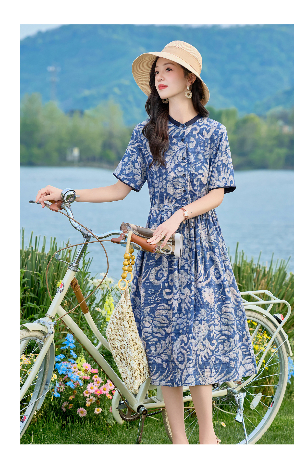 Đầm maxi nữ thắt eo họa tiết hoa nhí dáng suông rộng NI825 — Xanh lông mòng đen chi tiết 20