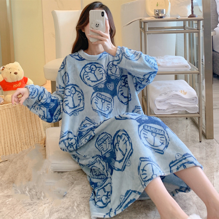 Pijama de lana de coral, pijama de lana de coral largo de invierno para mujeres, franela y lana gruesa, vestido grande, ropa para el hogar