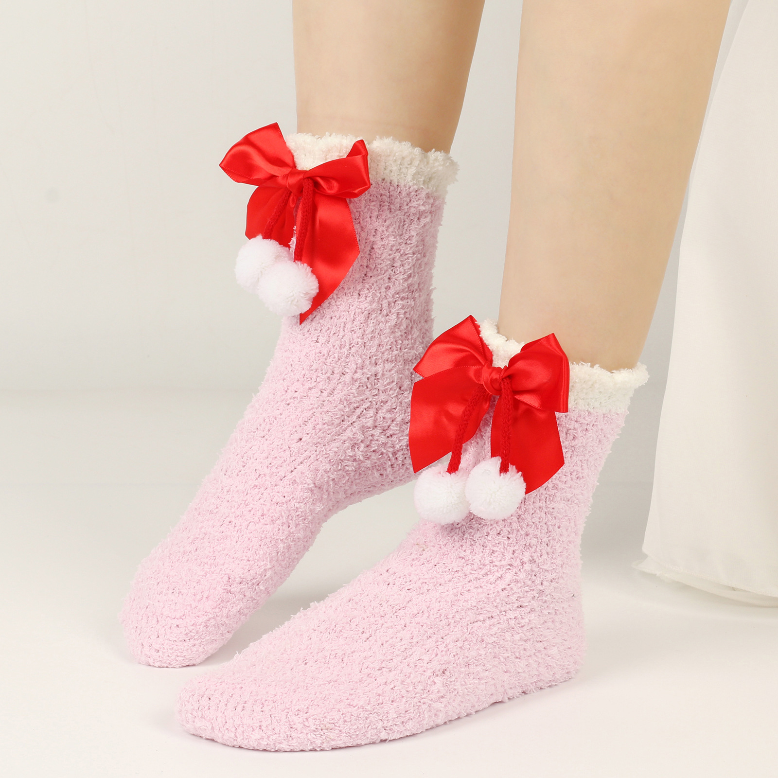 Calzini da donna Calzini spessi e caldi in peluche Calzini in pile corallo con fiocco Calzini a tubo medio autunnali e invernali Calzini con fiocco_voghion.com