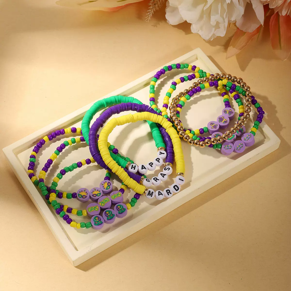 MARDI GRAS 狂欢节新款紫黄绿搭配软陶米珠10件套组合手链