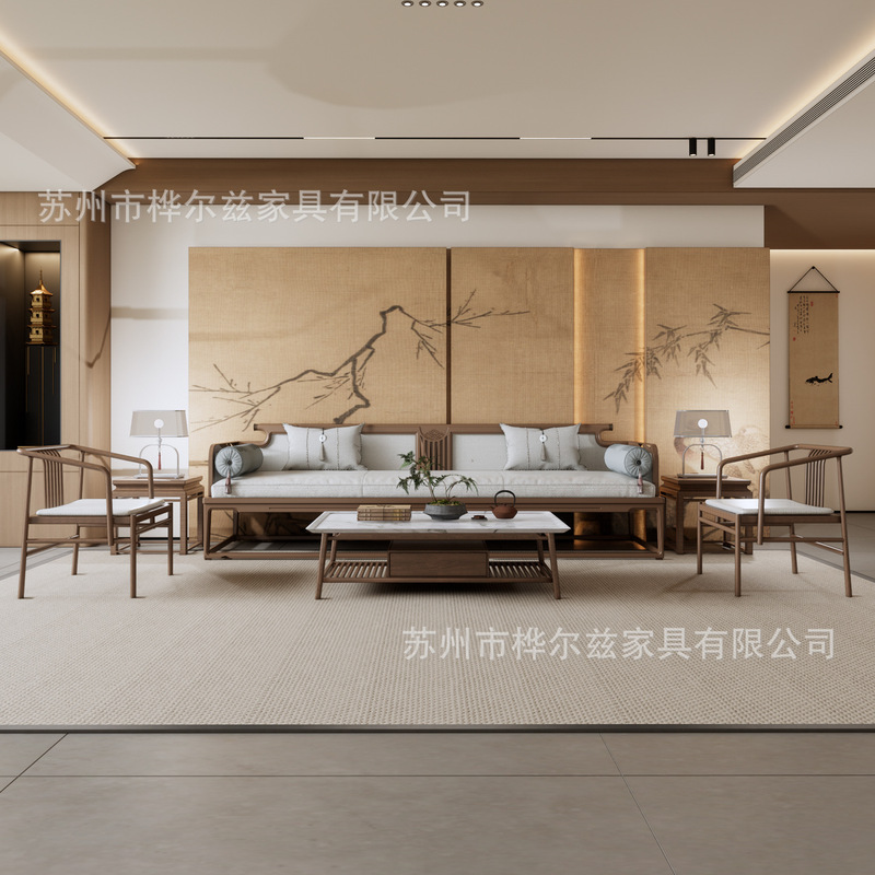 宋の美学の新しい中国風の無垢材ソファの組み合わせ禅クラブ B&B ヴィラライト高級モデルルームリビングルーム家具|undefined