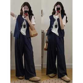 大码休闲套装2025新款夏季女装马甲上衣胖MM遮肉显瘦阔腿裤三件套