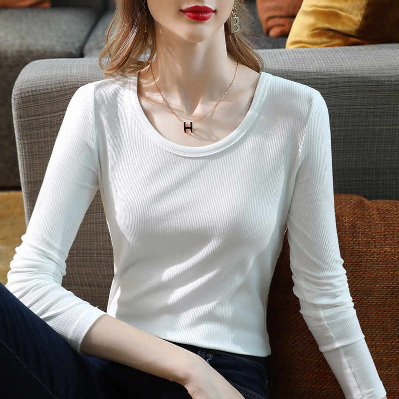 Camisa de fondo de manga larga para mujer 2023 Primavera y otoño nueva camiseta de color sólido con cuello redondo básico para mujer Top ajustado elástico interior
