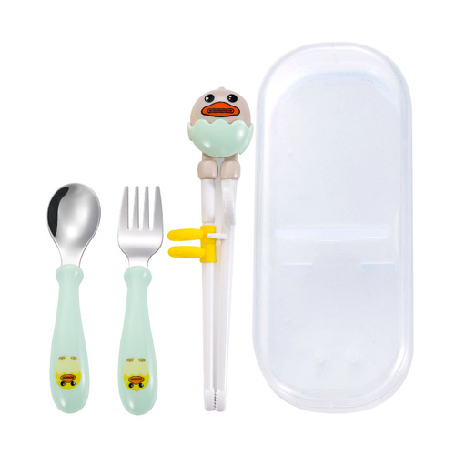 New 304 stainless steel children's cartoon training chopsticks, cute baby food spoon and fork set, portable three-piece set