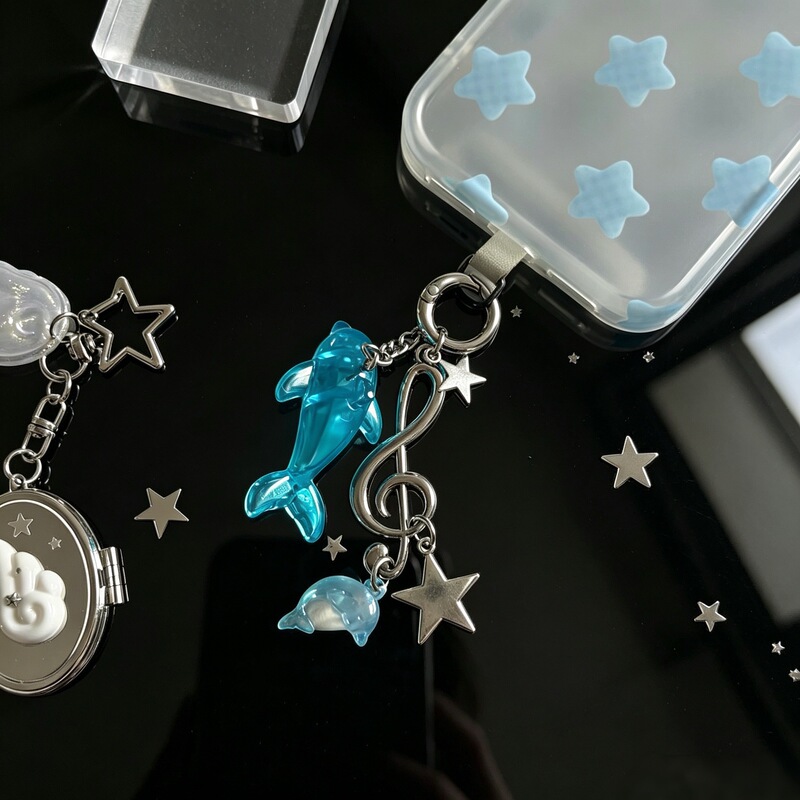Sea Salt Blue Transparent Dolphin Musical Note Star Keychain Ins-Style Girl Phone Charm Ocean Style Bag Pendant