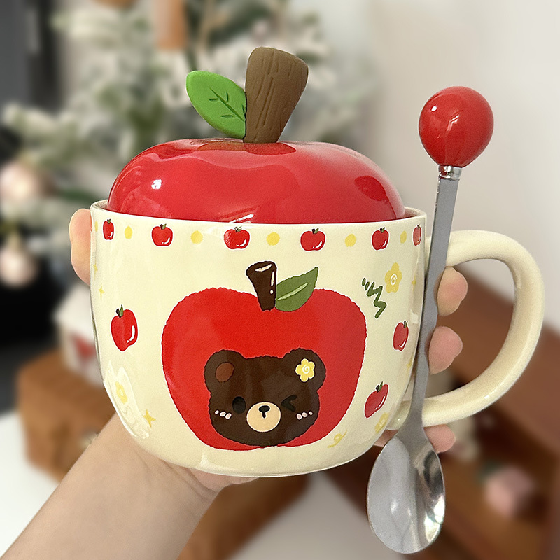 Taza de cerámica de manzana creativa Taza con tapa Regalo de cumpleaños Taza de bebida para niñas Taza retro con regalo festivo