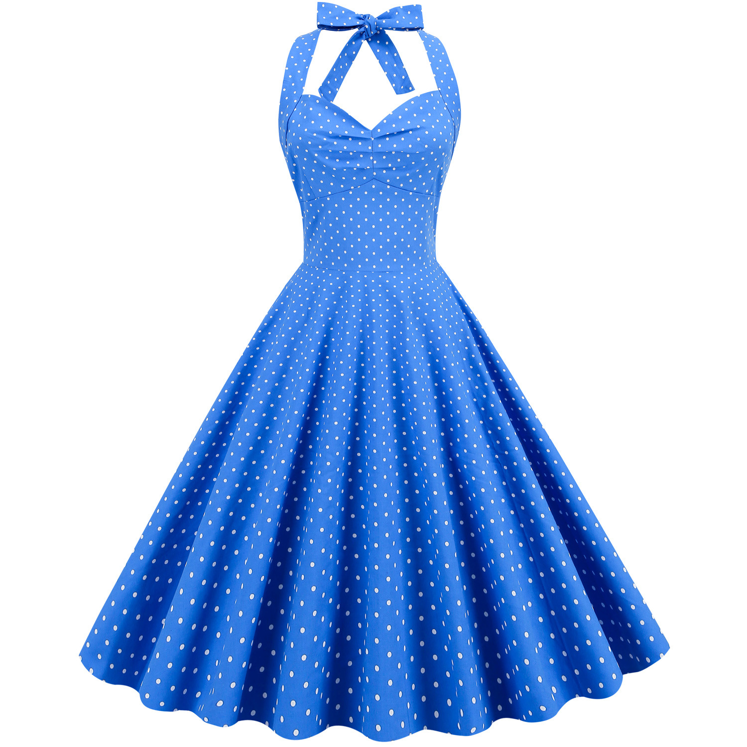 Robe vintage style Hepburn, taille haute cintrée, imprimée, col halter, dos nu, jupe ample_voghion.com