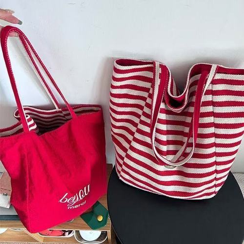2025 Summer Striped Canvas Tote Bag, Korean Ins Lazy Style Shoulder Bag for Students, Large Capacity Casual Women's Bag