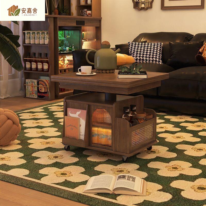 Solid wood lift-up folding mobile tea table cart, suitable for small apartments, multifunctional living room sofa, with a modern Chinese style Solid wood lift-up folding mobile tea table cart, suitable for small apartments, multifunctional living room sofa, with a modern Chinese style