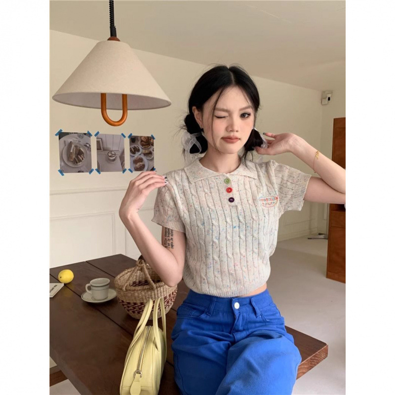 2025 New Design Polo Collar Colorful Dot Knitted Short-Sleeved Women's Summer Navel-Baring Short Slim and Chic Top 2025 New Design Polo Collar Colorful Dot Knitted Short-Sleeved Women's Summer Navel-Baring Short Slim and Chic Top