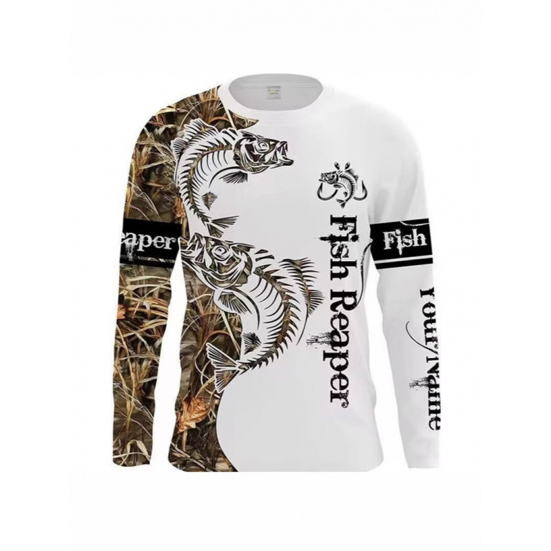 New Men's Outdoor Fishing Series Oversized 3D Fish Pattern Casual Fashion Bottoming Printed Round Neck Long-Sleeved T-Shirt