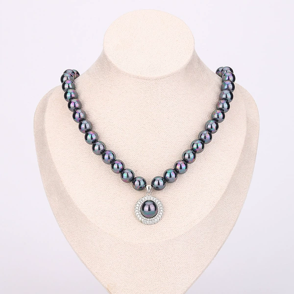 Black silver necklace from pearl, 10mm