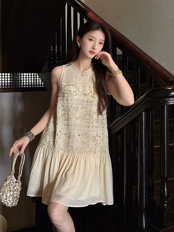 中国風の夏の新しいレトロな刺繍ビーズドレス新しい中国風のハイエンドショートロングスカート N5050|undefined