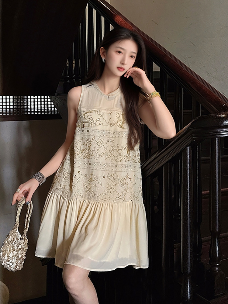 Đầm maxi nữ phong cách Trung Hoa thêu đính cườm retro mùa hè — Màu cà phê mẫu ngắn, Màu đen mẫu ngắn, Màu mơ mẫu ngắn, Màu đen dáng dài