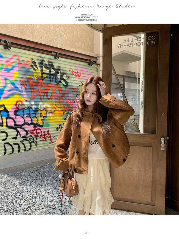 休闲减龄卡其色麂皮绒短外套女春秋2025新款小个子夹克上衣巨好看|undefined