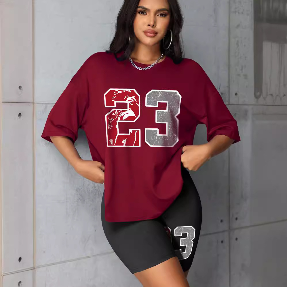 Women's Plus Size Summer Fashion Set Short Sleeve Breathable Two Piece Number Print England Style_voghion.com