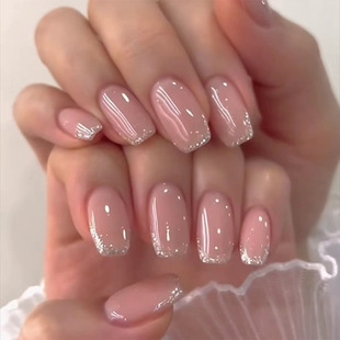 Short Glittering Oval Glitter French Nail Art Simple Temperament All-Match Ins Gentle Dressing Armor 24 Pieces