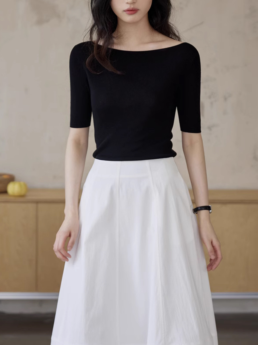 Áo dệt kim Tencel tay lỡ cổ chữ I kiểu Pháp nữ mùa hè — Màu đen
