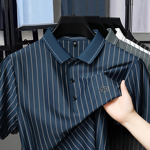 Summer New Men's Short Sleeve T-Shirt Youth Men's Vertical Stripe Half-Sleeve Polo Collar T-Shirt Men Cross-Border Foreign Trade