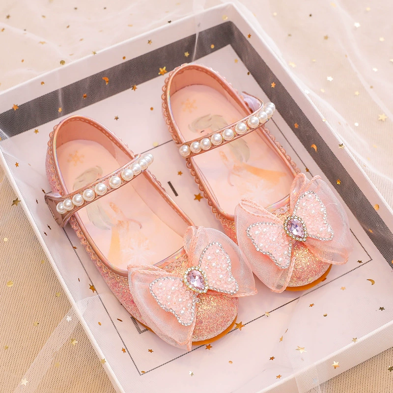 Children's shiny shoes for princess, jewelry from pearl, footwear for leather shoes, autumn, trend of season, soft sole