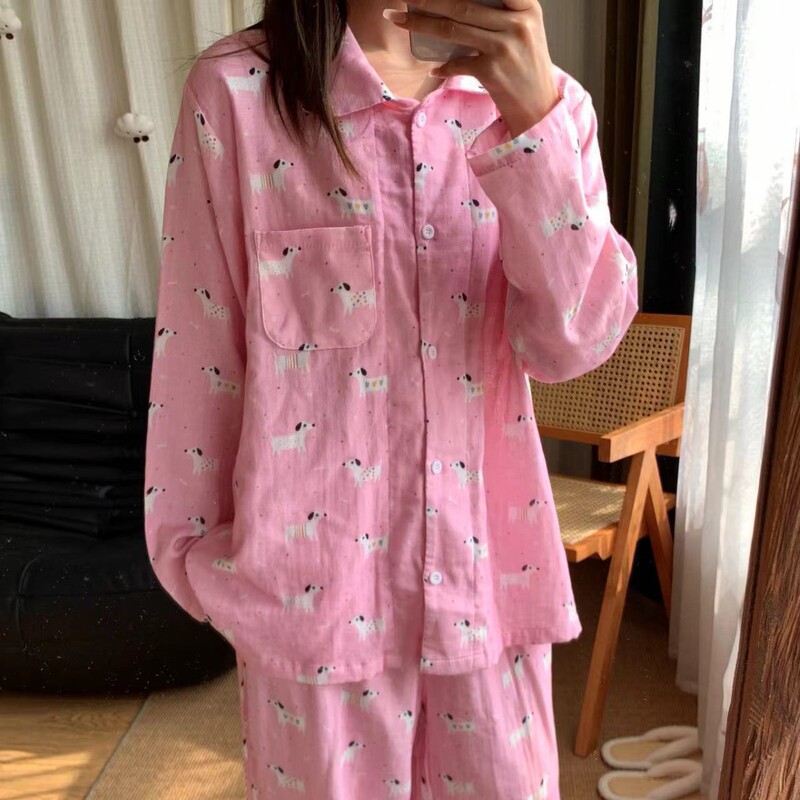 Foundation wave points dachshund dog ~ new! Cute Soft Cute Cotton Pajamas Lapel suit Printed Long Sleeve Trousers Home