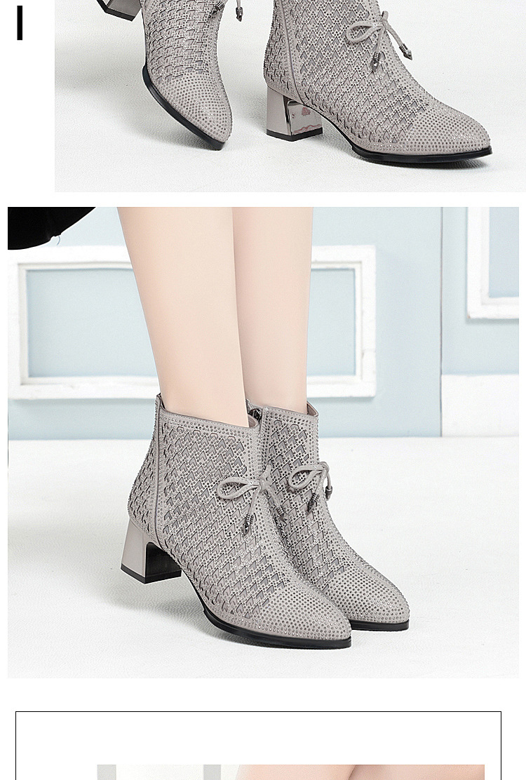 Boot nữ cổ thấp gót thô vải lưới thoáng khí mùa hè — Xám be chi tiết 13