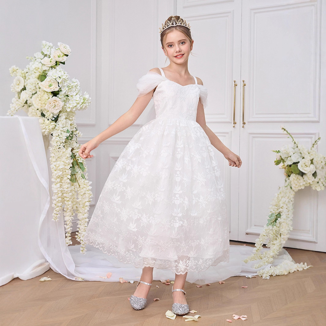 Vestido de novia blanco para niñas vestido de princesa hinchado vestido de noche de anfitrión pequeño de un hombro vestido de fiesta de piano de niña de las flores