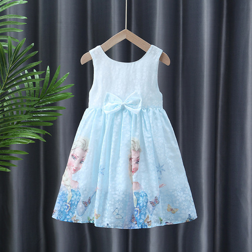 Princess Elsa Snow Queen Cartoon Print Children's Bow Blouse Dress Pure Cotton Middle and Big Children's Dress