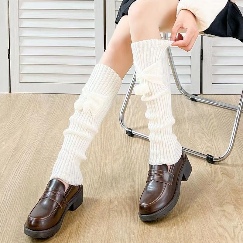 Japanese-style sock with bow knots, cute Lolita stack socks for girls, JK uniform, versatile for spring and summer, knitted calf socks