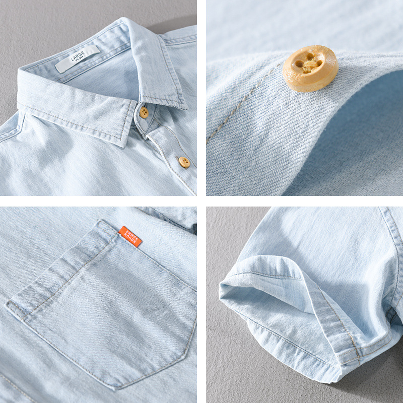 Summer Cotton Short-sleeved Men's Denim Shirt Classic All-match Youth Blue Denim Cotton Simple Shirt 9346
