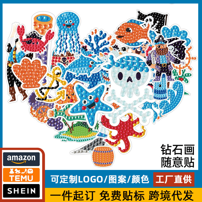 Venta caliente dibujos animados pirata marino pintura de diamantes pegatinas al azar pintura de mampostería de bricolaje pegatinas de pared pegatinas hechas a mano para niños diamantes redondos