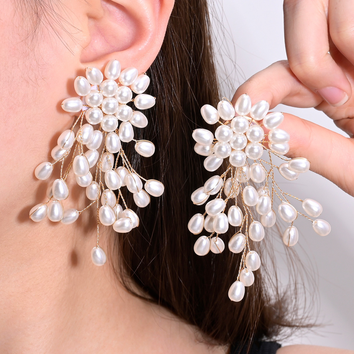 Pearl Waterfall Earrings Cross-Border Hot-Selling French Elegant and High-End Hand-Wrapped Flower Earrings Temperament Earrings for Women
