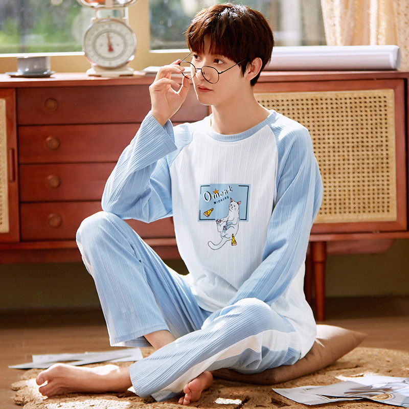 새로운 2023 가을과 겨울 봄 잠옷 남자의 긴팔 캐주얼 플러스 사이즈 간단한 느슨한 가정 옷 세트 겉옷