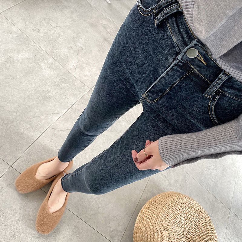 2025 Spring and Autumn Blue-Gray New Style Pencil Stretchy Frayed Hem Skinny Jeans for Women High Waist Versatile Nine-Tenths Length