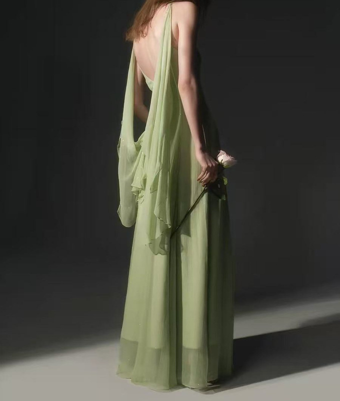 【Celebrity Style】JELOLJLELO26SS Starry Chiffon Dress with Rhinestone Decorations, Flowing Vacation Long Dress