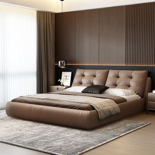 Mocha Color Marshmallow Leather High Box Storage Bed Modern Simple Master Bedroom Italian Light Luxury Internet Celebrity Master Bedroom Large Bed