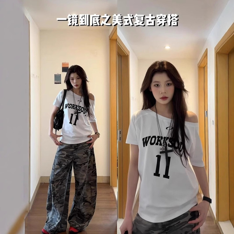 Off-Shoulder Printed Half-Sleeve T-Shirt Top with Slanted Shoulders, Pure Cotton Short-Sleeve T-Shirt for Women, Drop Shoulder, High School, Summer