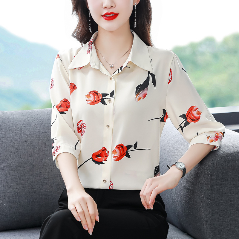 Brand Mulberry Silk Shirt for Women 2025 New Fashion Turn-Down Collar Elegant Slimming Versatile Printed Blouse for Middle-Aged Moms