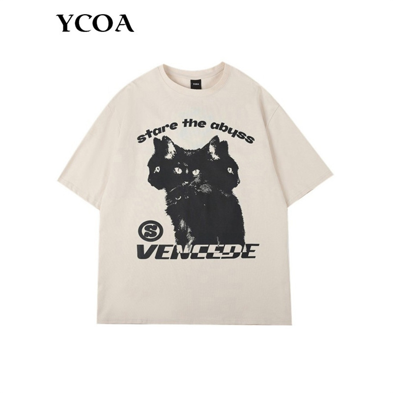 European Size Cross-Border Y2K】Shirt Cat Oversized Cotton Hip-Hop t Men's Street European Size Top Graphic Clothing [t Short